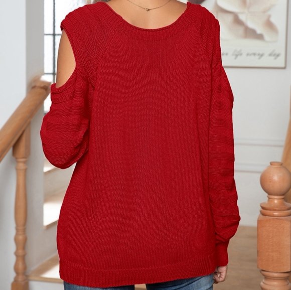 Buttoned Elegance Cold Shoulder Sweater - Red - Picture 3 of 3
